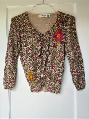 sparrow Beige Cardigan with Pink & Green Floral Accents - Small